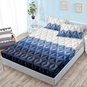 Husa de pat, finet, 160x200cm, 2 persoane, set 3 piese, cu elastic, albastru si gri, cu forme geometrice, HPF16068