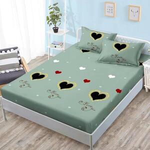 Husa de pat, finet, 160x200cm, 2 persoane, set 3 piese, cu elastic, verde , cu inimioare, HPF16069
