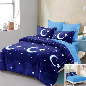 Lenjerie de pat, 2 persoane, finet, 6 piese, cu elastic, albastru , cu luna si stele albe, LEL330