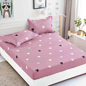 Husa de pat, 2 persoane, finet, 3 piese, 180x200cm, cu elastic, roz , cu inimioare , HPF356