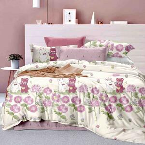 Lenjerie de pat, 1 persoana, finet, 155x230cm, 4 piese, crem si roz, cu floricele si iepurasi, LP95