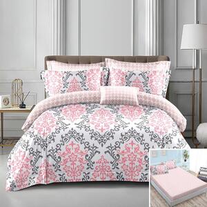 Lenjerie de pat, 2 persoane, bumbac satinat, 4 piese, cu elastic, alb si crem, cu model gri si roz, LS488