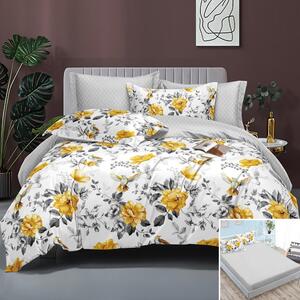 Lenjerie de pat, 2 persoane, bumbac satinat, 4 piese, cu elastic, alb si gri, cu floricele galbene, LS477