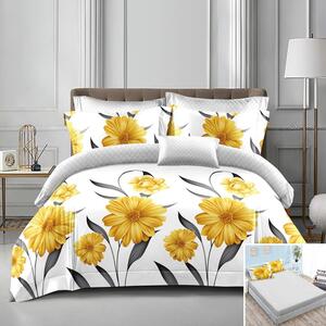 Lenjerie de pat, 2 persoane, bumbac satinat, 4 piese, cu elastic, alb si gri, cu flori galbene, LS479