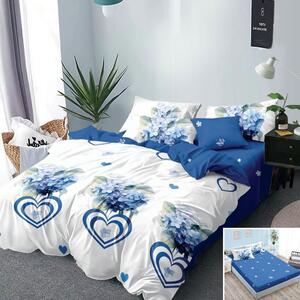 Lenjerie de pat, 2 persoane, finet, 6 piese, cu elastic, albastru si alb, cu inimi si flori albastre, LEL342