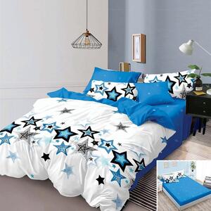 Lenjerie de pat, 2 persoane, finet, 6 piese, cu elastic, albastru si alb, cu stelute, LEL345