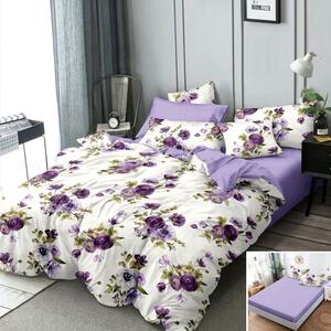 Lenjerie de pat, 2 persoane, finet, 6 piese, cu elastic, mov si alb, cu floricele, LEL348