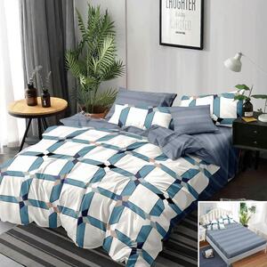 Lenjerie de pat, 2 persoane, finet, 6 piese, cu elastic, gri si alb, cu imprimeu carouri albastre, LEL347