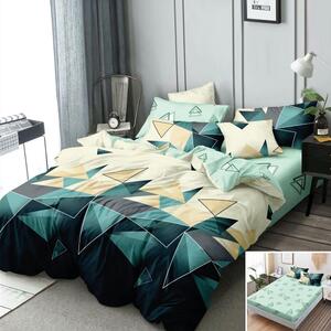Lenjerie de pat, 2 persoane, finet, 6 piese, cu elastic, verde si crem, cu forme geometrice, LEL344