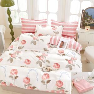 Lenjerie de pat, 2 persoane, finet, 6 piese, cu elastic, roz si alb, cu trandafiri roz, LEL350