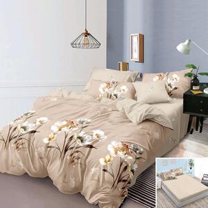 Lenjerie de pat, 2 persoane, finet, 6 piese, cu elastic, crem inchis, cu flori albe, LEL349