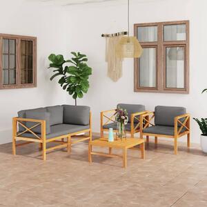 Set mobilier grădină cu perne gri, 5 piese, lemn masiv de tec