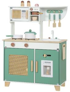 AIYAPLAY Bucătărie de jucărie din lemn pentru copii, cu accesorii, plită, espressor, dulăpior, 3-6 ani, verde | Aosom Romania