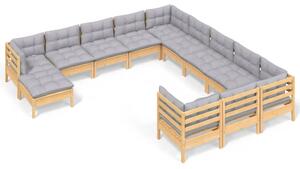 Set mobilier de grădină cu perne gri, 12 piese, lemn de pin