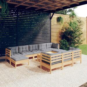 Set mobilier grădină cu perne, 11 piese, gri, lemn masiv pin