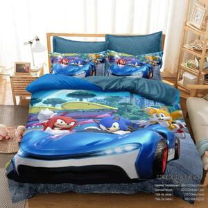 Lenjerie de pat, 2 persoane, imprimeu identic 3D, finet, 6 piese, albastru , cu Sonic , LFD10
