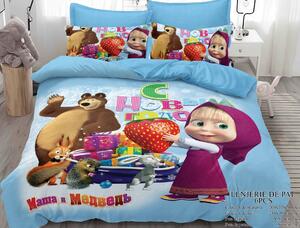 Lenjerie de pat, 2 persoane, imprimeu identic 3D, finet, 6 piese, albastru , cu Masha si Ursul , LFD24