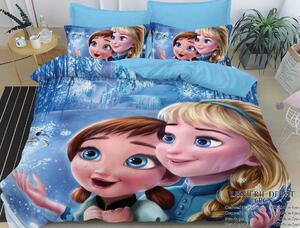 Lenjerie de pat, 2 persoane, imprimeu identic 3D, finet, 6 piese, albastru , cu Elsa și Ana, LFD17