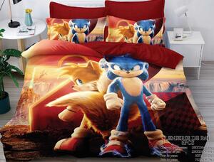 Lenjerie de pat, 2 persoane, imprimeu identic 3D, finet, 6 piese, rosu , cu Sonic , LFD20