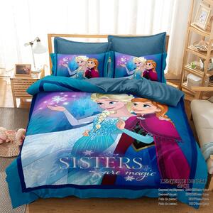 Lenjerie de pat, 2 persoane, imprimeu identic 3D, finet, 6 piese, albastru , cu Elsa si Ana, LFD13