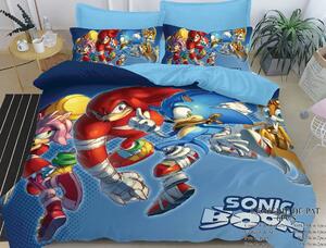 Lenjerie de pat, 2 persoane, imprimeu identic 3D, finet, 6 piese, albastru , cu Sonic , LFD21