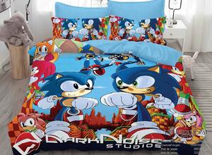 Lenjerie de pat, 2 persoane, imprimeu identic 3D, finet, 6 piese, albastru , cu Sonic , LFD22