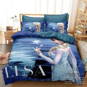 Lenjerie de pat, 2 persoane, imprimeu identic 3D, finet, 6 piese, albastru , cu printesa Elsa , LFD12