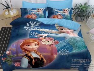 Lenjerie de pat, 2 persoane, imprimeu identic 3D, finet, 6 piese, albastru , cu Elsa și Ana, LFD16