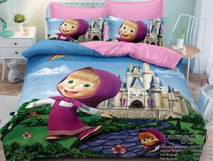 Lenjerie de pat, 2 persoane, imprimeu identic 3D, finet, 6 piese, albastru si roz, cu Masha si Ursul , LFD25