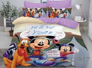 Lenjerie de pat, 2 persoane, imprimeu identic 3D, finet, 6 piese, mov , cu Mickey Mouse , LFD28