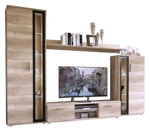 Mobilă pentru sufragerie Bristol 102Negru, Country stejar, Părți separate, Cu comodă tv, Sticlă călită, PAL laminat, 182x256x40cm