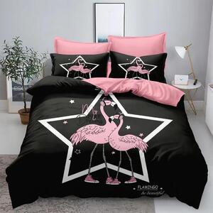 Lenjerie de pat, 2 persoane, imprimeu identic 3D, finet, 6 piese, negru si roz , cu Flamingo , LFD102