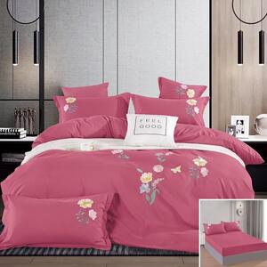 Lenjerie de pat, 2 persoane, 4 piese, finet, cu elastic, UniDeluxe cu Broderie, roz , 180x200cm, LFB08