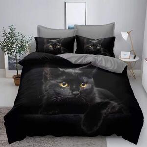 Lenjerie de pat, 2 persoane, imprimeu identic 3D, finet, 6 piese, negru , cu pisica neagra , LFD108