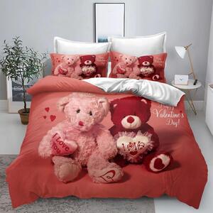 Lenjerie de pat, 2 persoane, imprimeu identic 3D, finet, 6 piese, rosu si alb , cu ursuleti de plus , LFD104