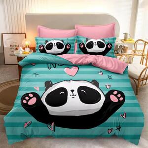 Lenjerie de pat, 2 persoane, imprimeu identic 3D, finet, 6 piese, turcoaz si roz , cu Panda , LFD101