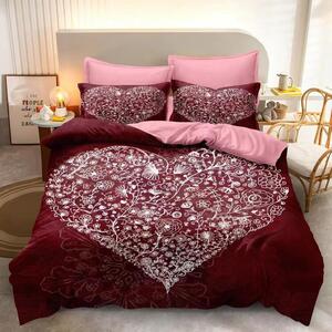 Lenjerie de pat, 2 persoane, imprimeu identic 3D, finet, 6 piese, visiniu si roz , cu flori albe inima , LFD103