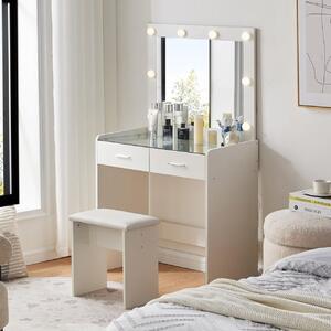 SEA905 - Set Masa toaleta cu blat de sticla, 80 cm, cosmetica, masuta machiaj, oglinda cu LED, cu scaun tapitat - Alb