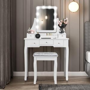 SEA531 - Set Masa alba toaleta, 80 cm, cosmetica machiaj oglinda cu LED, masuta vanity, scaunel, taburet tapitat