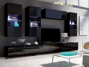 Mobilă pentru sufragerie Providence B121 Negru, Negru lucios, Cu comodă tv, Cu componente suplimentare, Părți separate, PAL laminat, 300x43cm