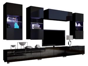 Camera de zi Providence B121Negru, Negru lucios, Cu componente suplimentare, Părți separate, Cu comodă tv, PAL laminat, 300x43cm