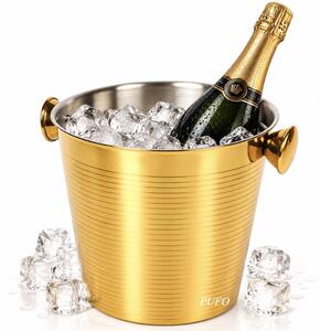 Frapiera eleganta Pufo pentru sampanie, vin si prosecco, recipient pentru gheata si racirea sticlelor, cu 2 manere laterale, design striat, suport decorativ pentru bauturi, petreceri, nunti, sestaurante si evenimente, auriu