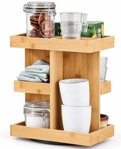 Organizator rotativ de bucatarie Pufo Moderno din bambus, cu 3 niveluri si rotire la 360°, 22.5 x 22.5 x 28 cm – suport multifunctional pentru condimente, borcane, sosuri si accesorii