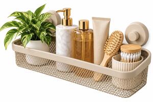 Suport de dus cu ventuze, 34 x 13.5 x 11.5 cm– Etajera de baie cu montare fara gaurire, organizator pentru sampon, gel de dus si accesorii, bej