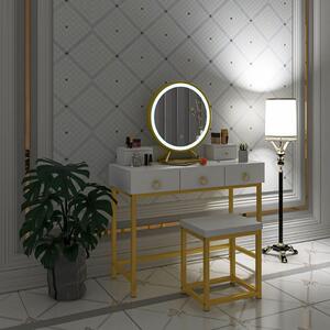 SEA380 - Set Masa toaleta, 100 cm, cosmetica machiaj, oglinda cu LED, masuta vanity - Alb-Auriu