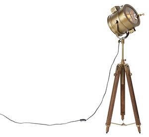Lampa de podea trepied bronz cu spot de studio din lemn - Radient