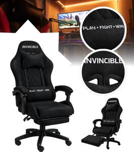 Scaun de gaming negru cu tapițerie din catifea și suport pentru picioare extensibil