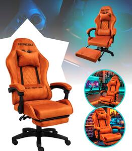 Scaun de gaming portocaliu cu tapițerie din catifea și suport pentru picioare extensibil