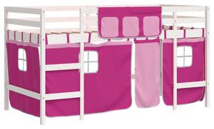 Pat etajat de copii cu perdele, roz, 90x190 cm, lemn masiv pin