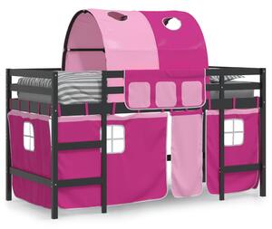 Pat etajat de copii cu tunel, roz, 90x200 cm, lemn masiv pin